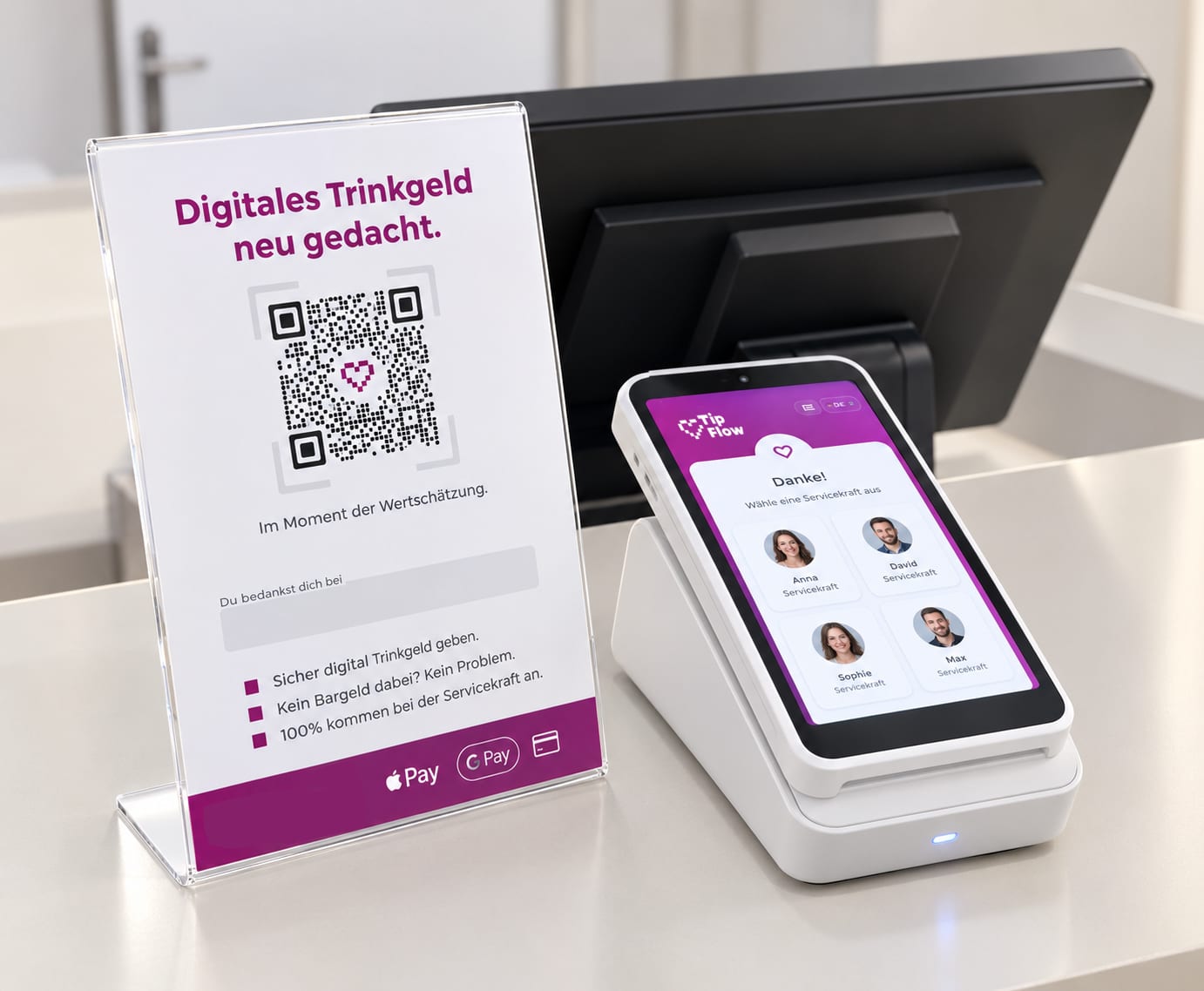Secure cashless tip payment at the terminal and via QR code